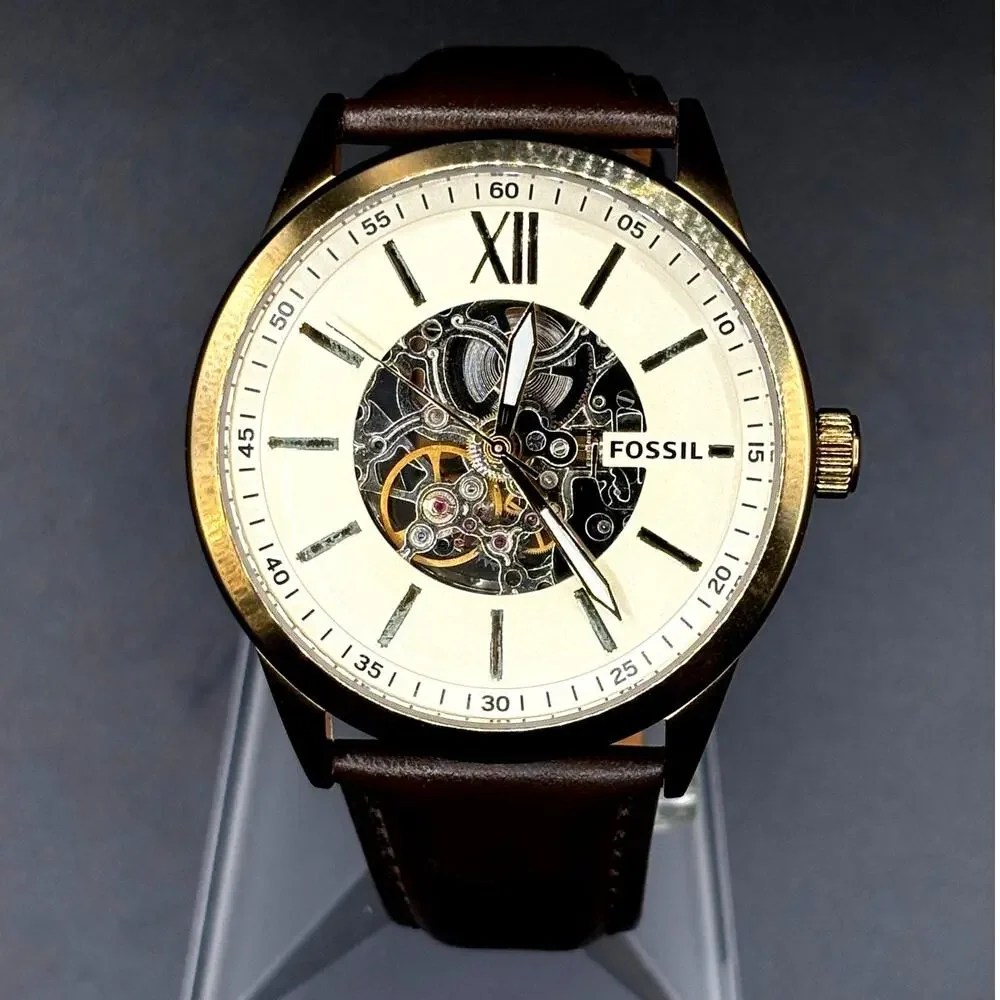 Fossil Flynn BQ2382 Automatic Men's Watch Skeleton Dial Leather Strap 48mm